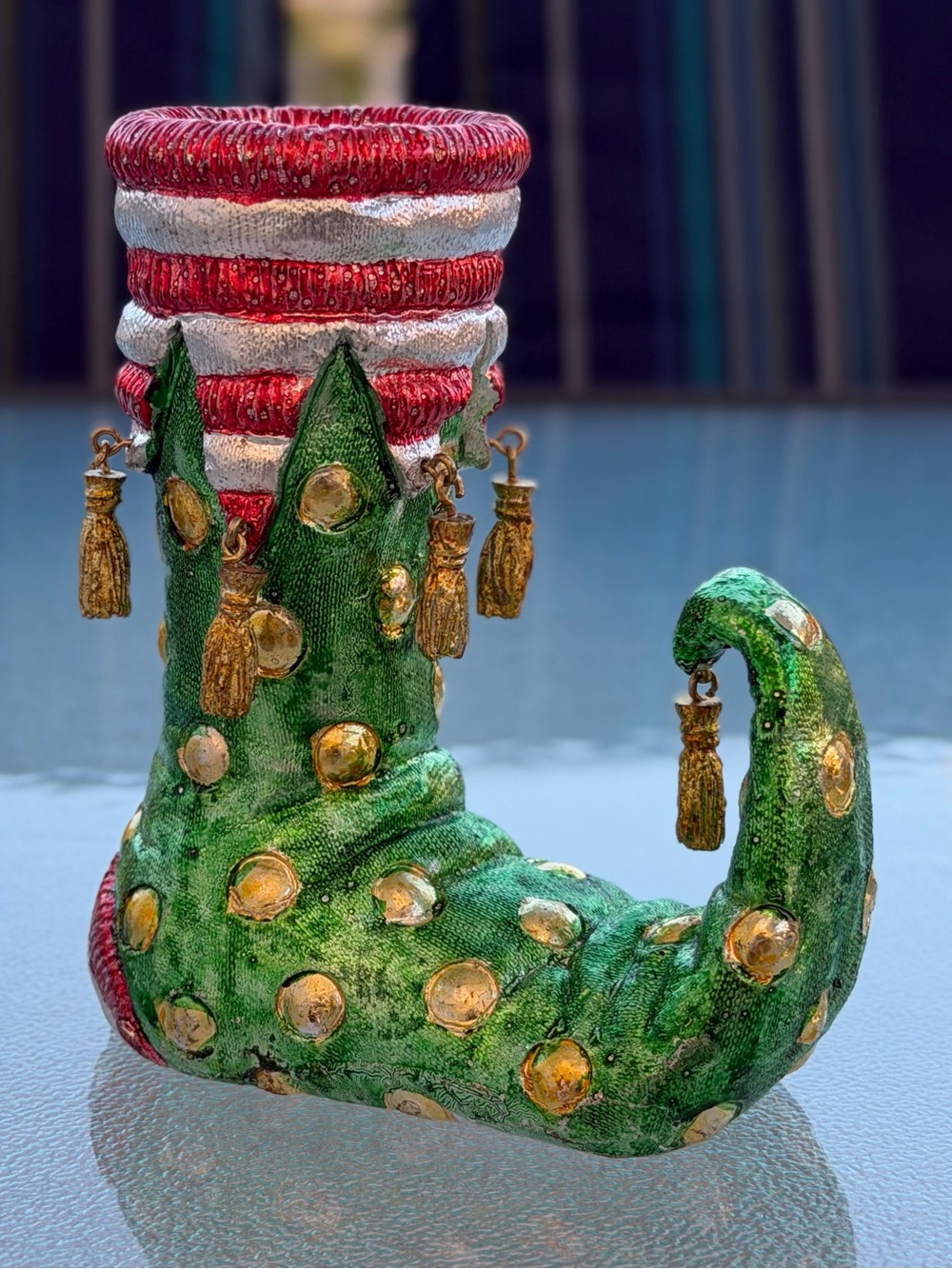 Boston Warehouse Y2K Christmas Polka Dot & Tassel Elf Shoe Taper Candle Holder